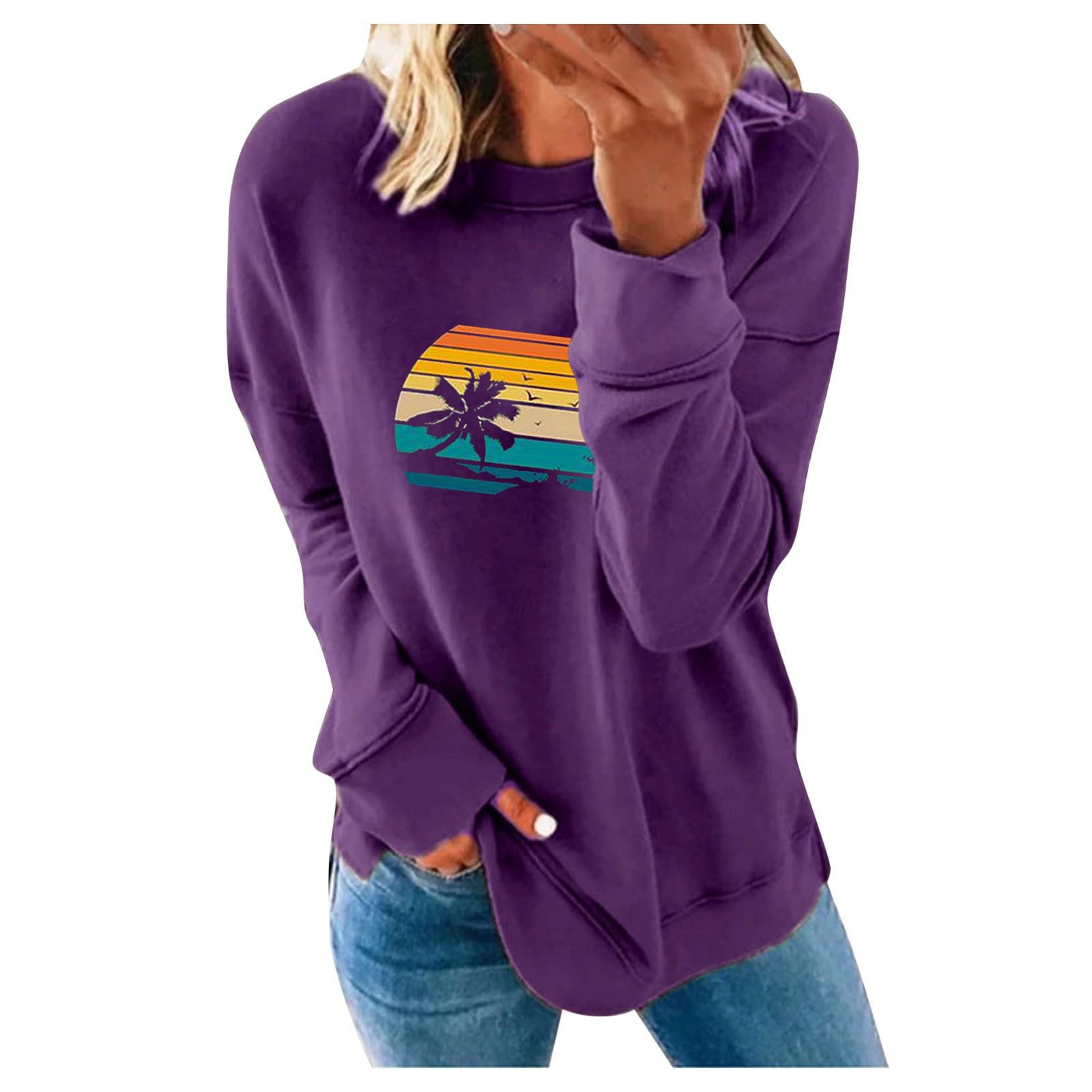 SKDOGDT Long Sleeve Shirts For Women Dressy Casual Sun Graphic Crew Neck Sweatshirt Teen Girls Oversized Workout Basic Tops