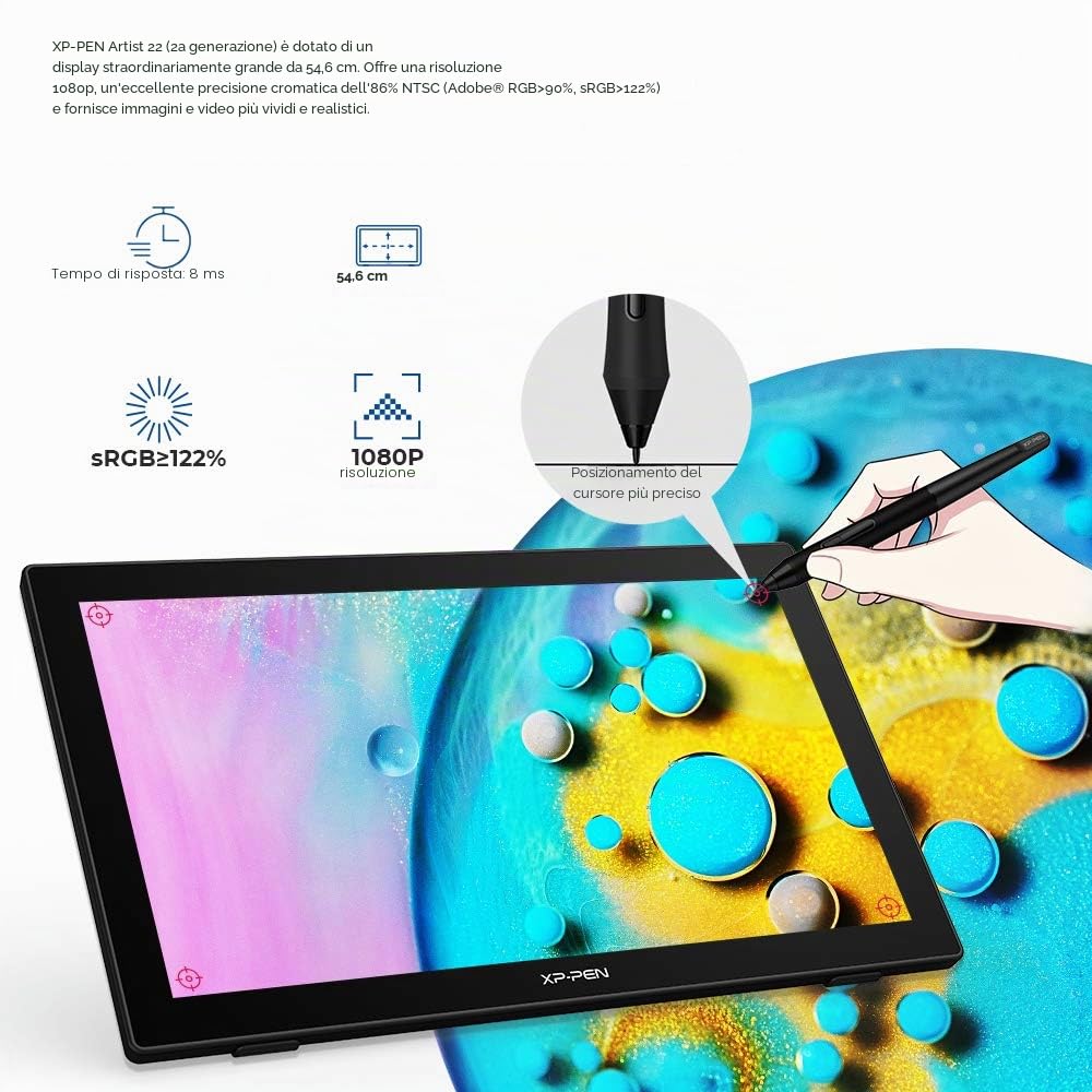 XP-PEN Artist 22 (2a generazione) Tablet da disegno da 21,5" con schermo 1080p con 86% di gamma di colori NTSC, penna senza batteria e supporto regolabile, supporta Windows e Mac