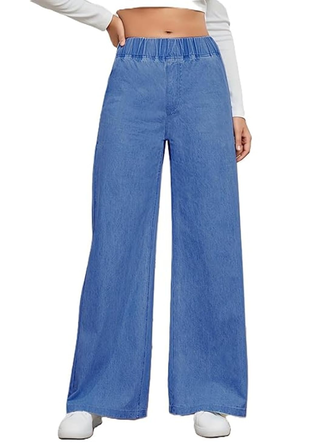 Women's Stretch Denim Wide Leg Jeans Comfort Fit with Elastic Waistband, Straight Cut, Casual Style for All Seasons, Versatile Clothing