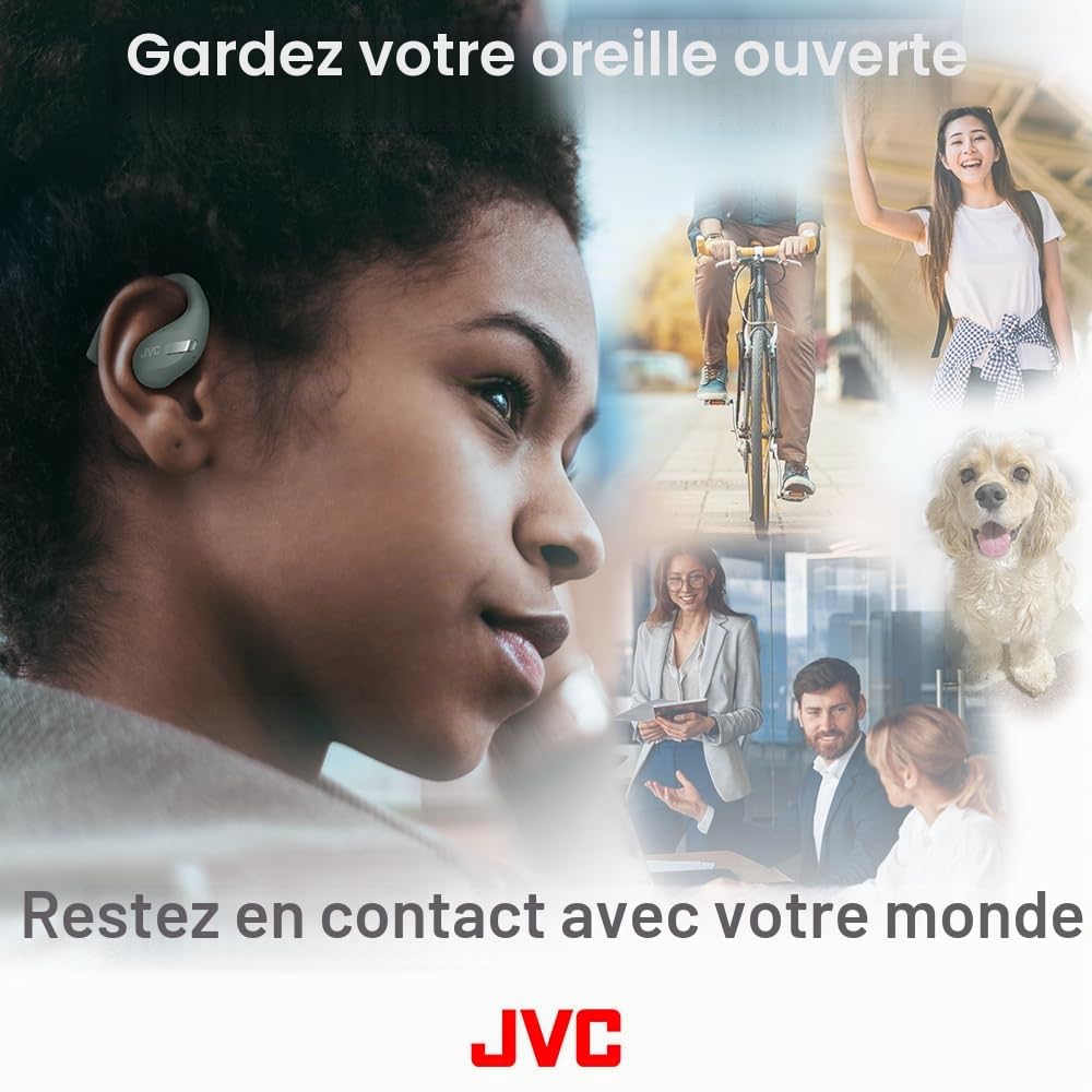 JVC Nearphones HA-NP50T-G True Wireless, Design Oreilles Libres, Ecoutez de la Musique sans Vous Couper du Monde, Légers, ANC pour Les appels, IPX4, 38 h d'autonomie, BT 5.3, Vert Sauge