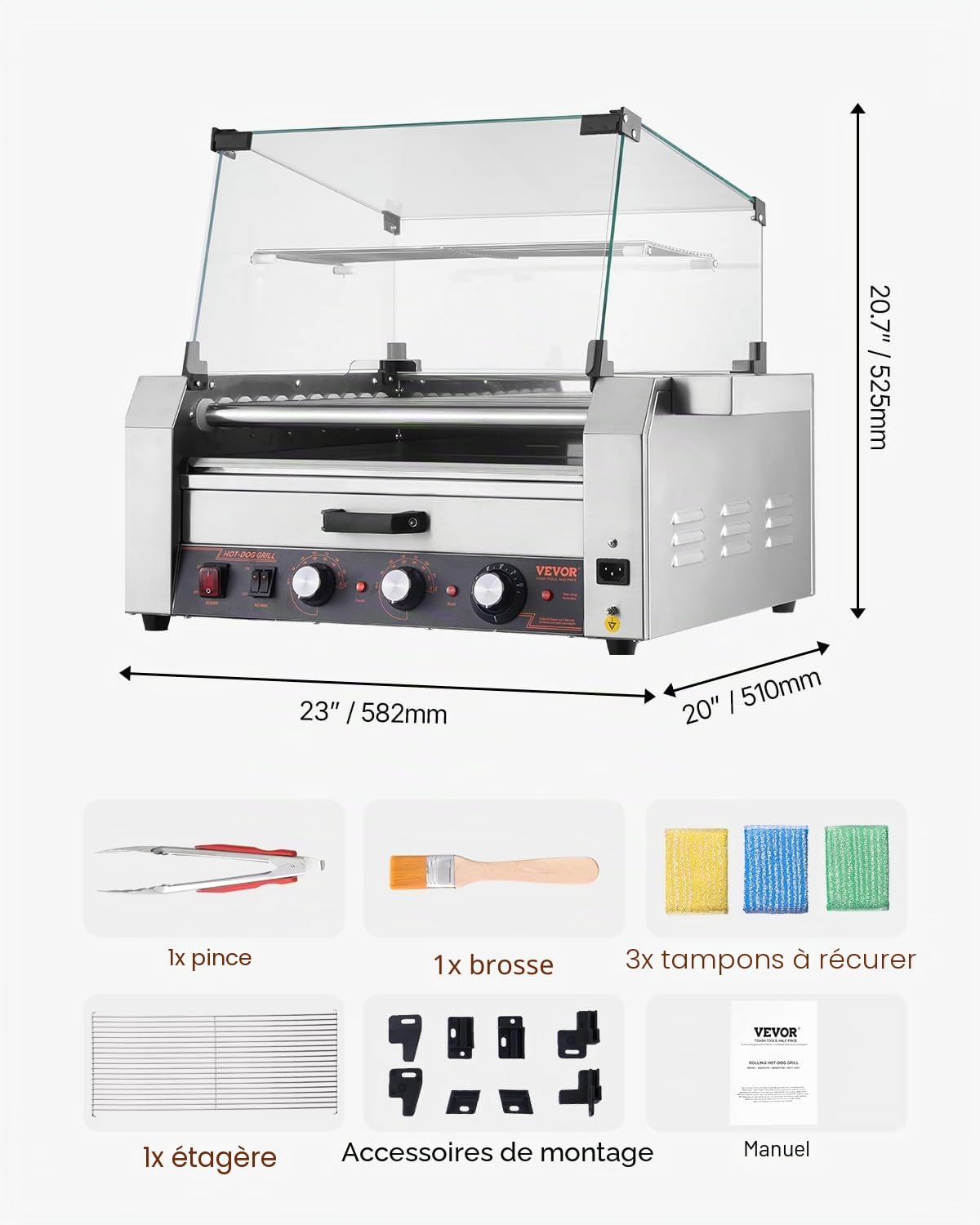 VEVOR Rouleau à hot-dogs, 11 rouleaux, 30 hot-dogs, machine à griller les saucisses en acier inox, avec chauffe-petits pains, couvercle, boîte de rangement latérale, bac à huile, pour maison, commerce