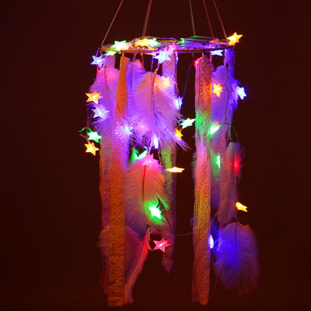 HuiJv 9.5ร45inch Big Dream Catcher LED Star Lamp Circular Net With feathers Wall Hanging kitchen Decoration Decor Ornament Craft (multicolor)