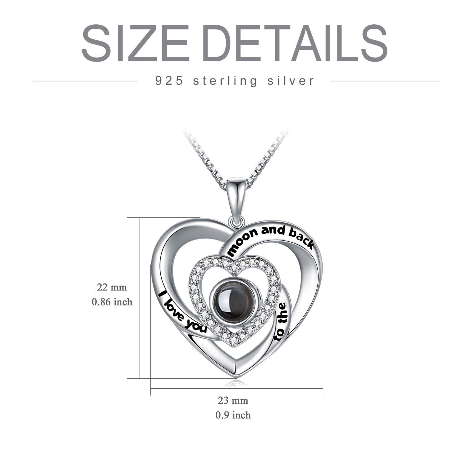 LONAGO Naszyjnik 'I Love You' 100 języków, srebro wysokiej próby 925, projekcja miłości, naszyjnik dla kobiet, mamy, 22mm*23mm, Srebro szterlingowe, Cyrkonia sześcienna
