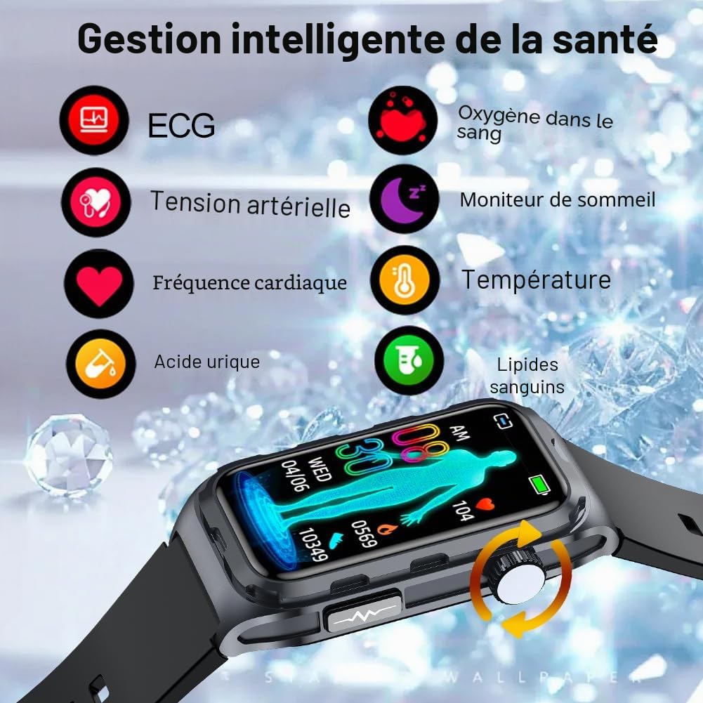 Montre Connectée ECG Homme Femme, 1,47" étanche Smartwatch avec Pression Artérielle, SpO2, Fréquence Cardiaque, Rappel de Message et d'appel pour Android iOS