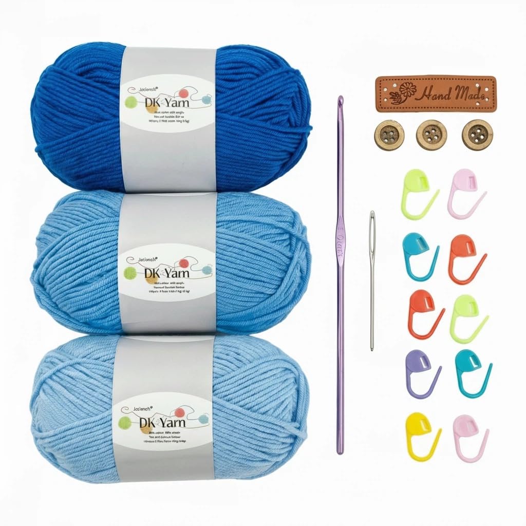 Crochet Yarn Kit, 3×50g 60% Cotton 40% Acrylic Combed Cotton Yarn with 3mm Hook & Accessories, DK Wool for Beginners Amigurumi Socks Blankets (Blue-3) — image 1