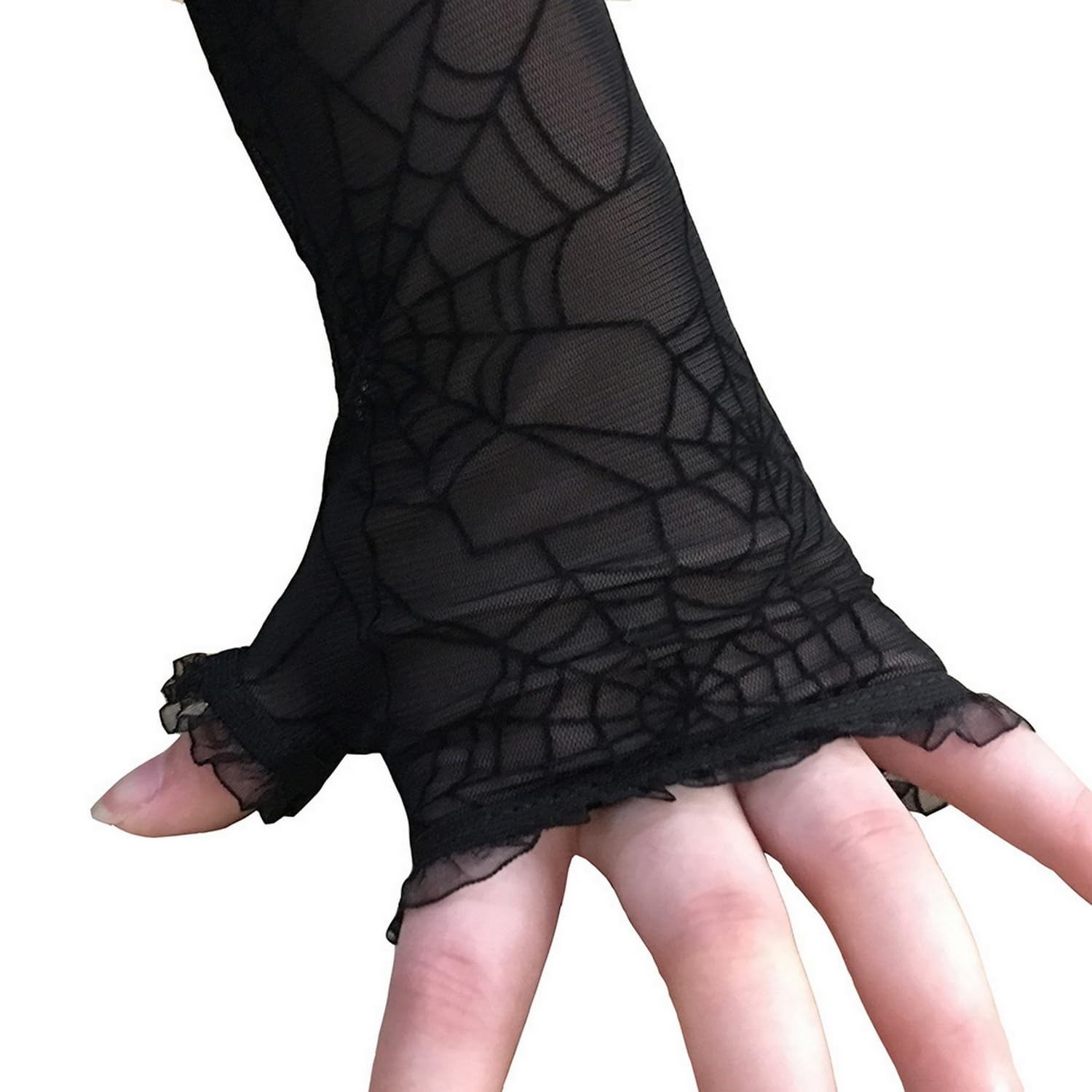 Women's Sheer Spider Web Gloves,Halloween Spider Web Lace Fingerless Gloves,Long Gloves for Cosplay Goth Costume - Image 2