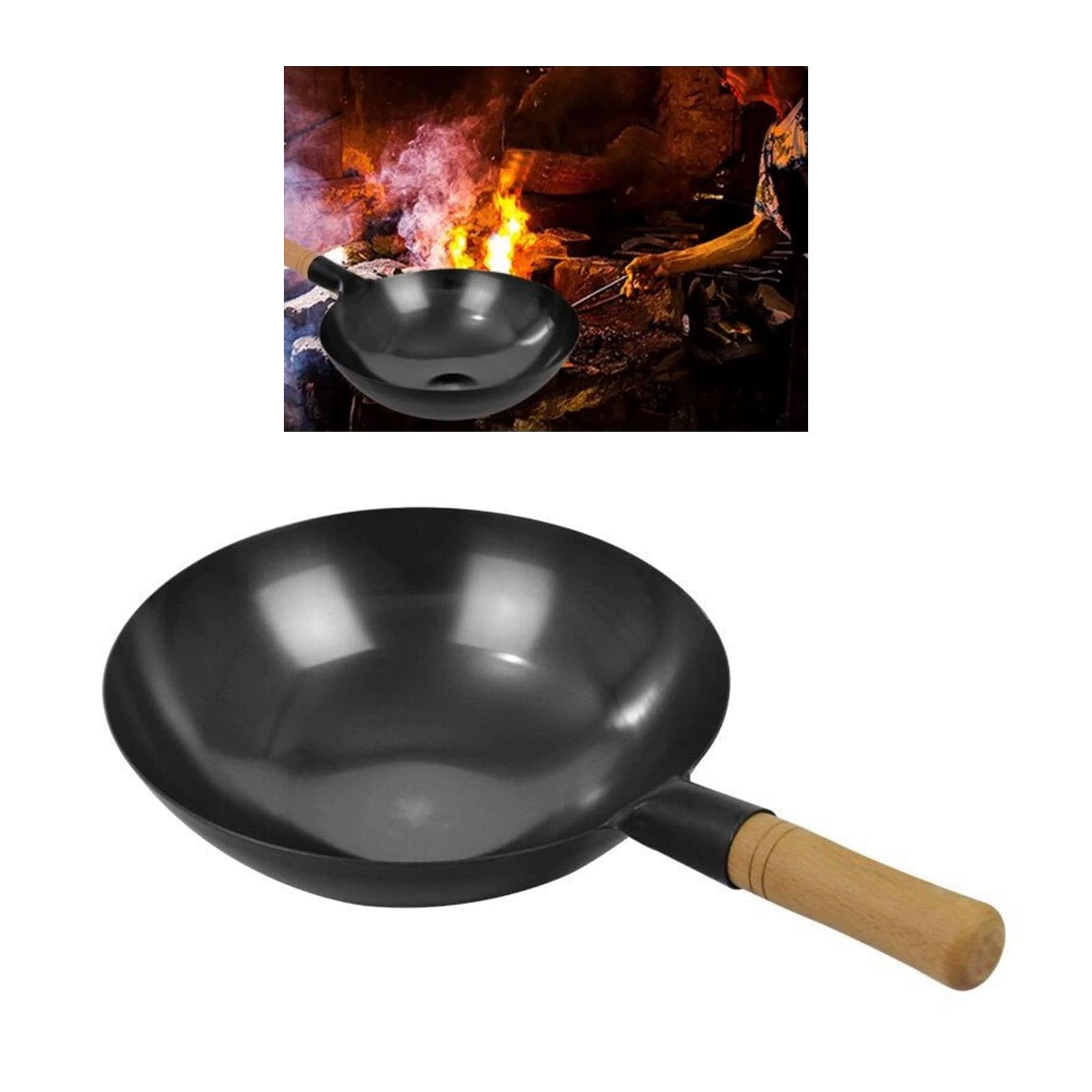 Fyearfly Wok antiadherente de 38 cm, sin químicos, sartén de hierro martillado a mano