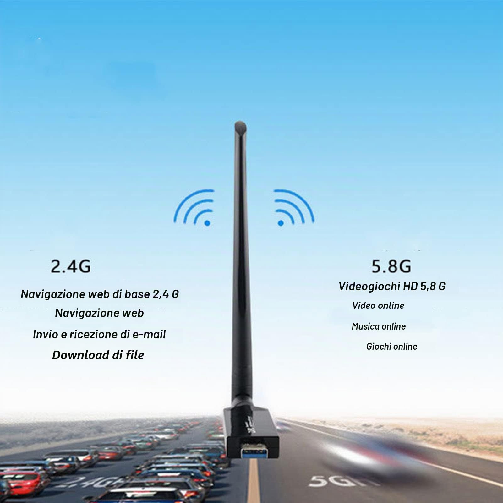 Adattatore WiFi USB Wireless, Dual Band 1200Mbps, Chiavetta di Rete USB 3.0 con Antenna Esterna 5dBi RTL8812AU per PC Desktop Casa Ufficio, Colore, 1 Pezzo