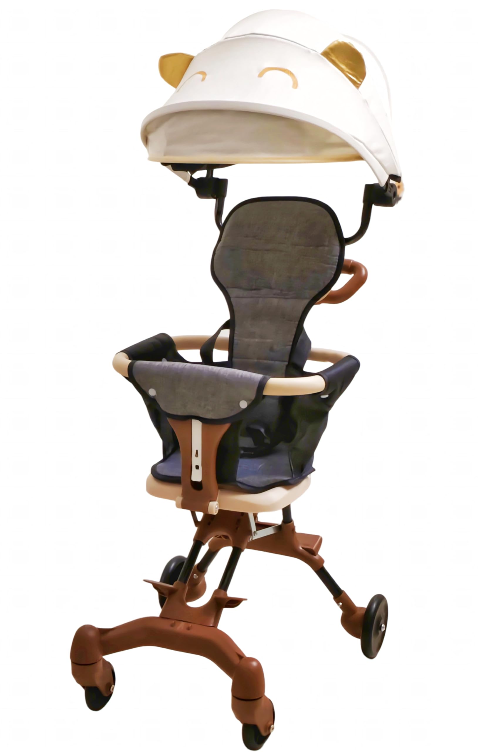 MomNess Luxury 3-in-1 Baby Stroller for 7 Months to 3 Years, Lightweight, Foldable, Chair, Safety Harness, Cushioned Seat, Ideal Toddler Trolley, Easy Travel, Carry on Plane, Air Travel (Biege Gold)