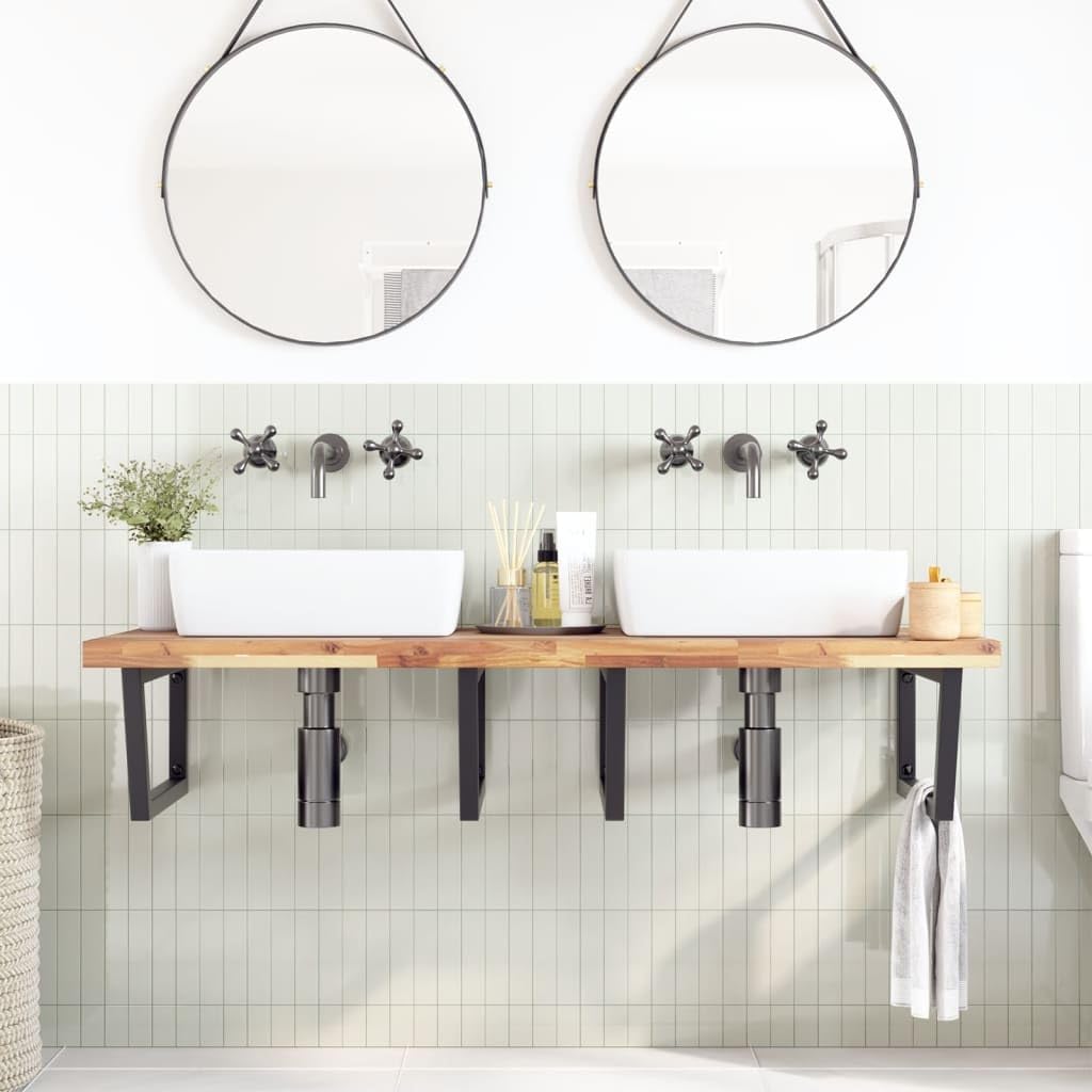 Waschtischplatte mit Wandhalterung, Massivholz Akazie Badezimmer-Regal, 120x60x4 cm, Stabile Stahl-Konsole zur Wandmontage, Belastbar bis 100 kg, Platzsparendes Design für Waschtisch