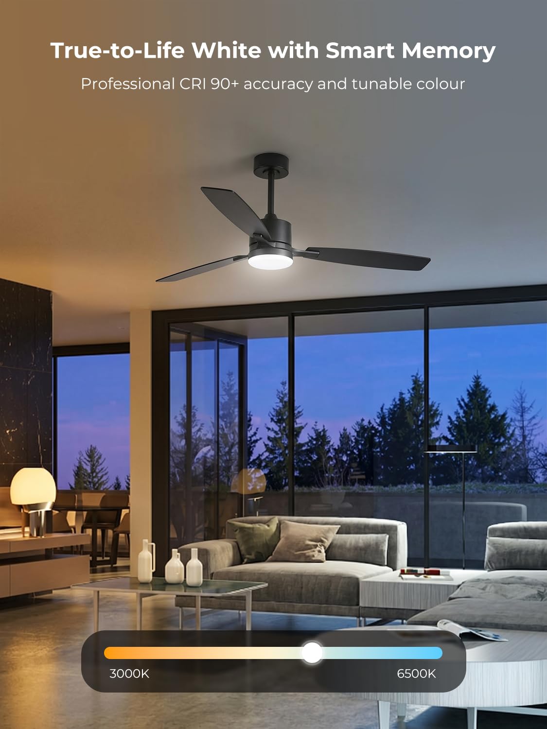 Deckenventilator mit Beleuchtung 132 cm, Leiser DC-Motor, 30W LED Dimmbar, App & Fernbedienung, Holz-Flügel Wendebar, Deckenlampe mit Ventilator für Schlafzimmer & Wohnzimmer, Schwarz