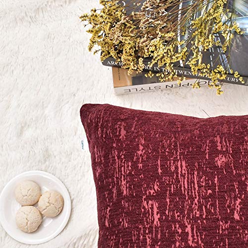 Image of CaliTime Throw Pillow Cases Pack of 2 Marbling Jacquard Solid Dyed Super Soft Chenille Cushion Covers for Couch Sofa Home Farmhouse Decoration 18 X 18 Inches Burgundy
