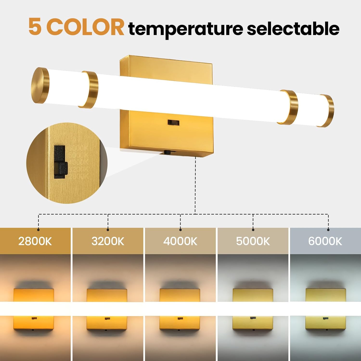 Gold Bathroom Vanity Light - 15.4 Inch LED Modern Bathroom Light Fixtures Over Mirror with Acrylic Shade 10W Dimmable 5CCT Bathroom Sconces Wall Lighting (Built-in Dimmer)