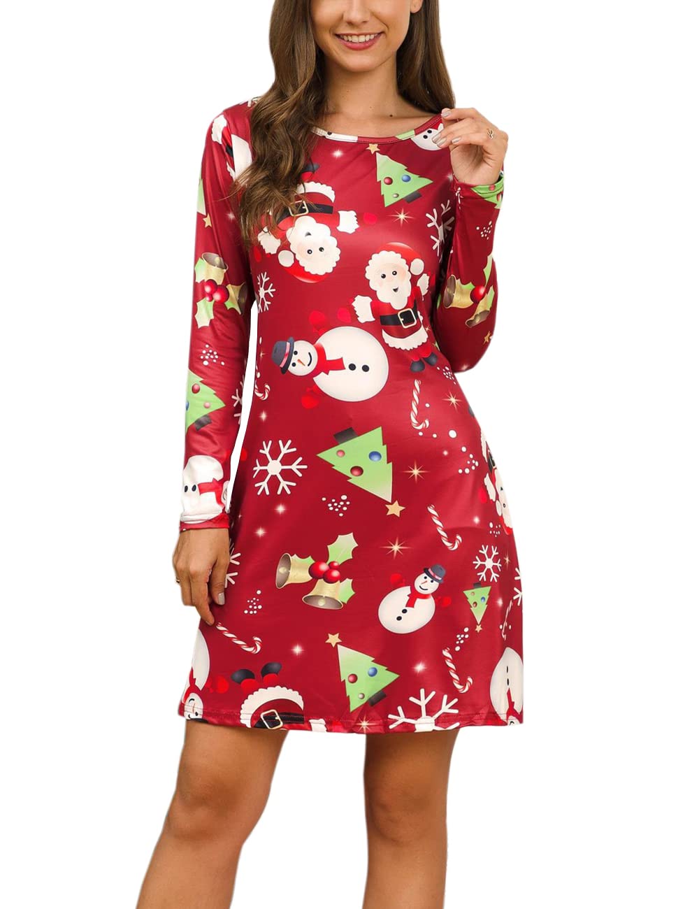 Women's Ugly Christmas Santa Claus Print Party Dress Casual Holiday Long Sleeve A Line Dress