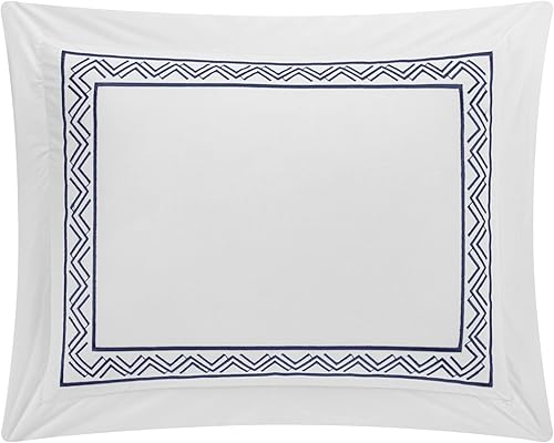 Miniatura 10 de Chic Home Crete - Juego de edredón de algodón de 4 piezas, color blanco sólido con borde bordado de doble raya, detalles en zigzag, ropa de cama de