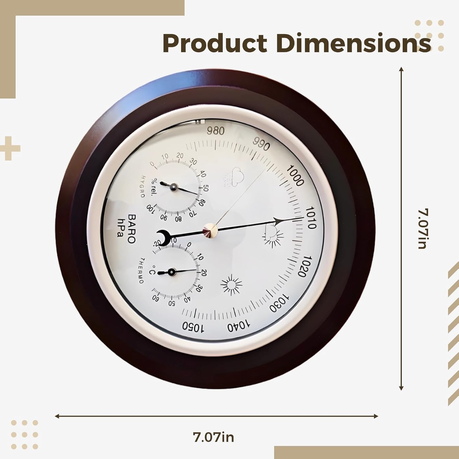 7.1 in Multifunctional Barometer & Weather Station with Thermometer and Hygrometer, Brown Wall Decor
