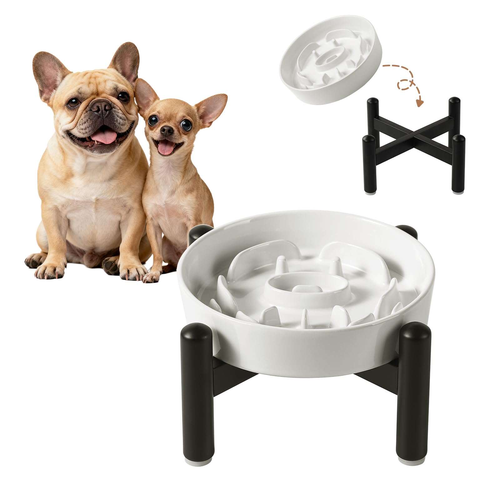 Elevated Slow Feeder Dog Bowl - Ceramic Maze Dog Food Bowl with Stainless Stand - Raised Slow Feeder for Small Breeds to Control Eating Speed - 6.3 Inch - 0.8 Cups (80g) - White