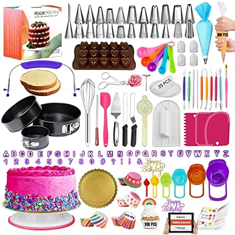 RFAQK 700PCs Cake Decorating Kit with Baking Supplies- Cake Turntable for Decorating with Baking Pans, Leveler, 24 Numbered Piping Tips, 2 Spatulas, Fondant Tools, Video Course, Pattern Chart & More Cover