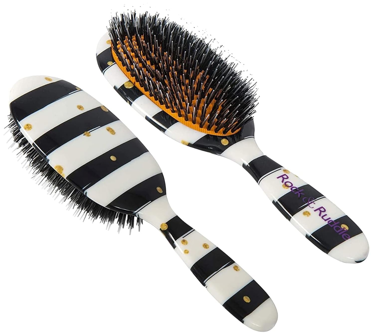 Rock & Ruddle Black & White Stripes with Gold Dots - Large Hairbrush