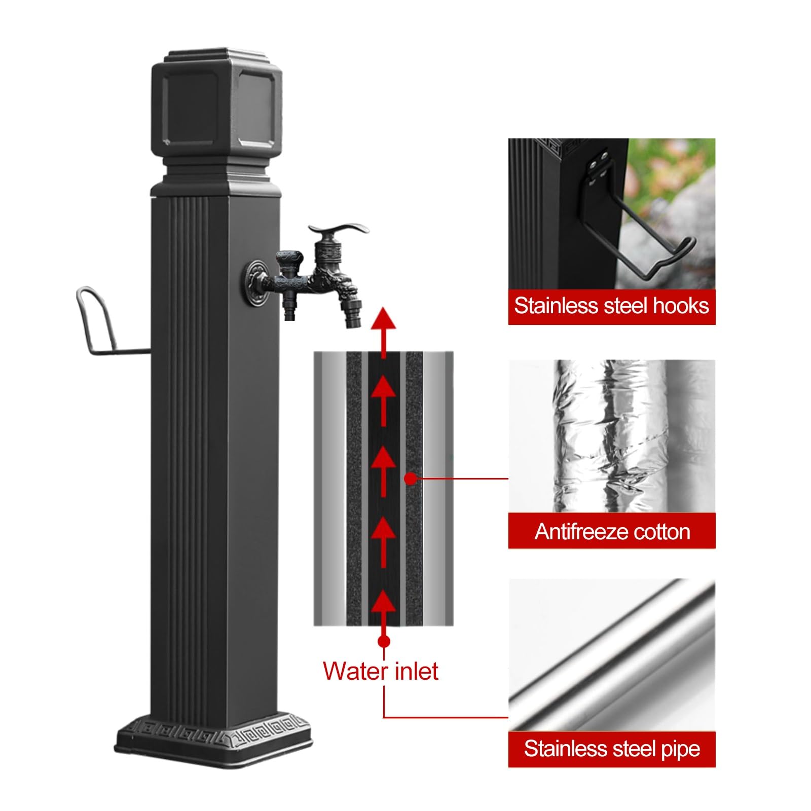 Colonna d'acqua da Giardino Indipendente, Fontana da Giardino Esterno, Colonna Acqua Giardino con Pistola a Spruzzo per Tubo Flessibile da 7,5 m e Gancio(74cm/29in)