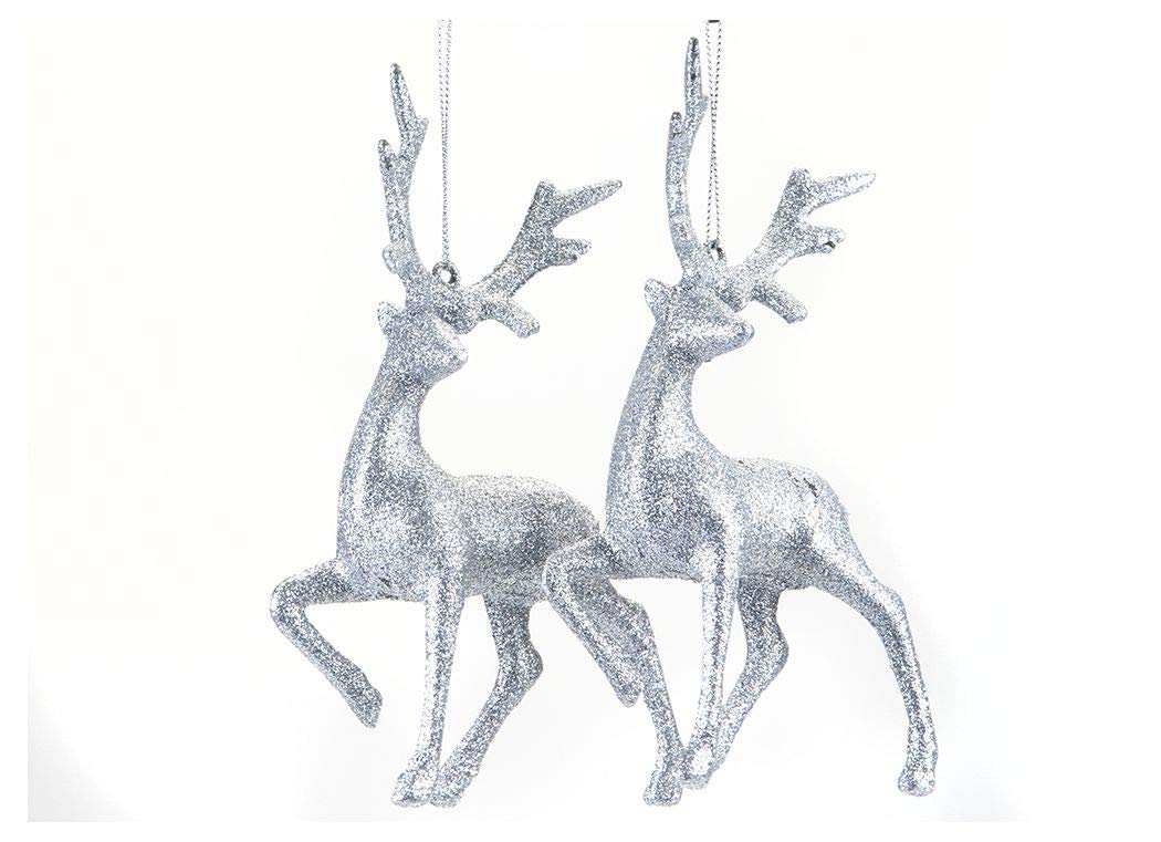 Snow White 2 Pack 16cm Silver Glitter Hanging Reindeer Christmas Tree Decoration