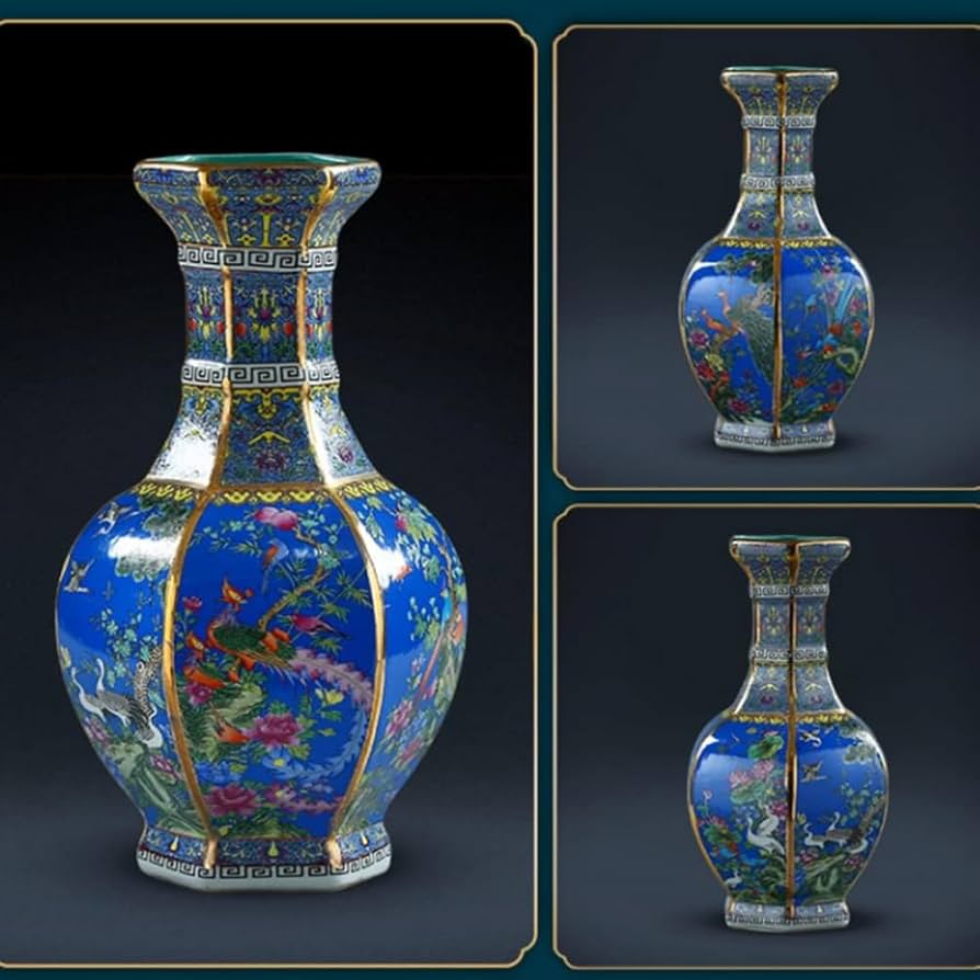 手描きの植物模様陶器花瓶 芳山窯 手描き 花器 （花瓶）