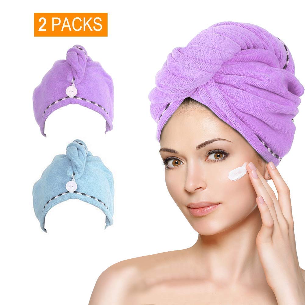2 Pack Microfiber Hair Towel Turban Wrap, Super Absorbent Hair Caps ，Drastically Reduce Hair Drying Time(Blue/Purple)