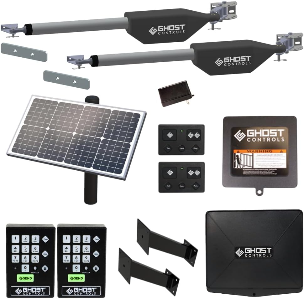 Ghost Controls Pro Dual Solar Automatic Gate Opener with 30w Solar Panel and Large Battery Box Access Bundle