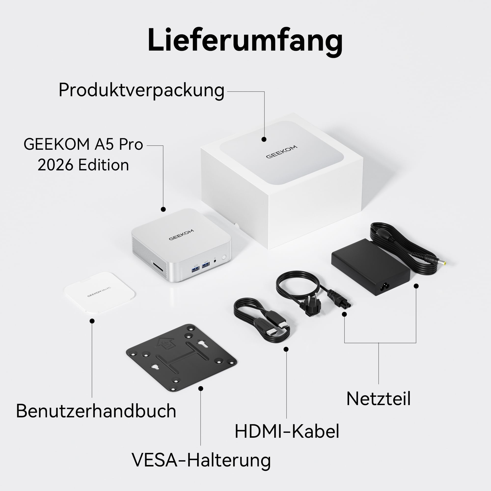 GEEKOM Mini PC A5 Pro 2026 Edition mit AMD Ryzen 5 7530U, 1TB SSD 16GB RAM(Deckt 95% der Nutzer ab) Mini Desktop PC, Windows 11 Pro Vorinstalliert, 2 x USB 4/8K Quad-Display/SD Card für Office/Home