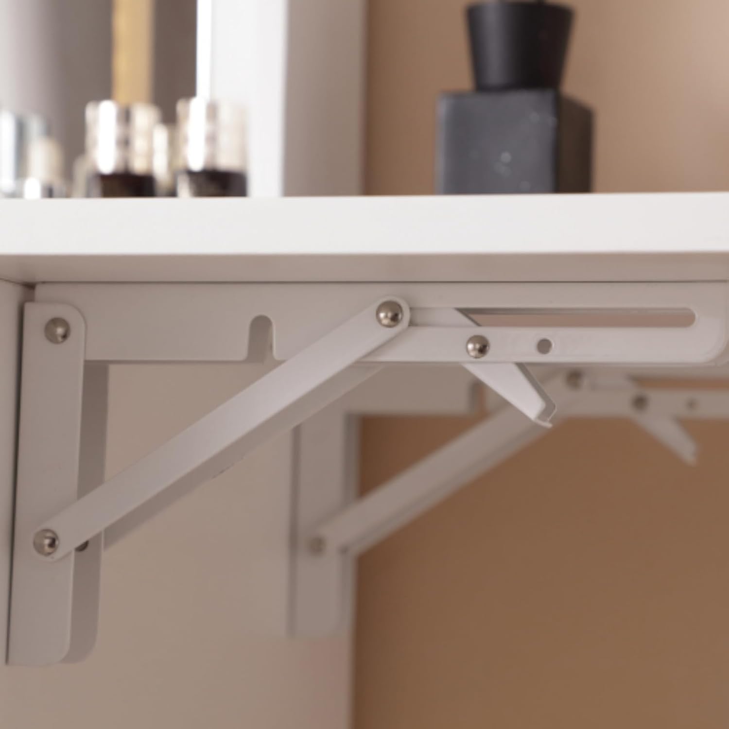 Narrow Vanity Desk with Lighted Mirror & Glass Desktop, Tall Makeup Table and Storage Stool Set, 3 Lighting Modes Adjustable Brightness, Suitable for Bedroom Dressing Room, White