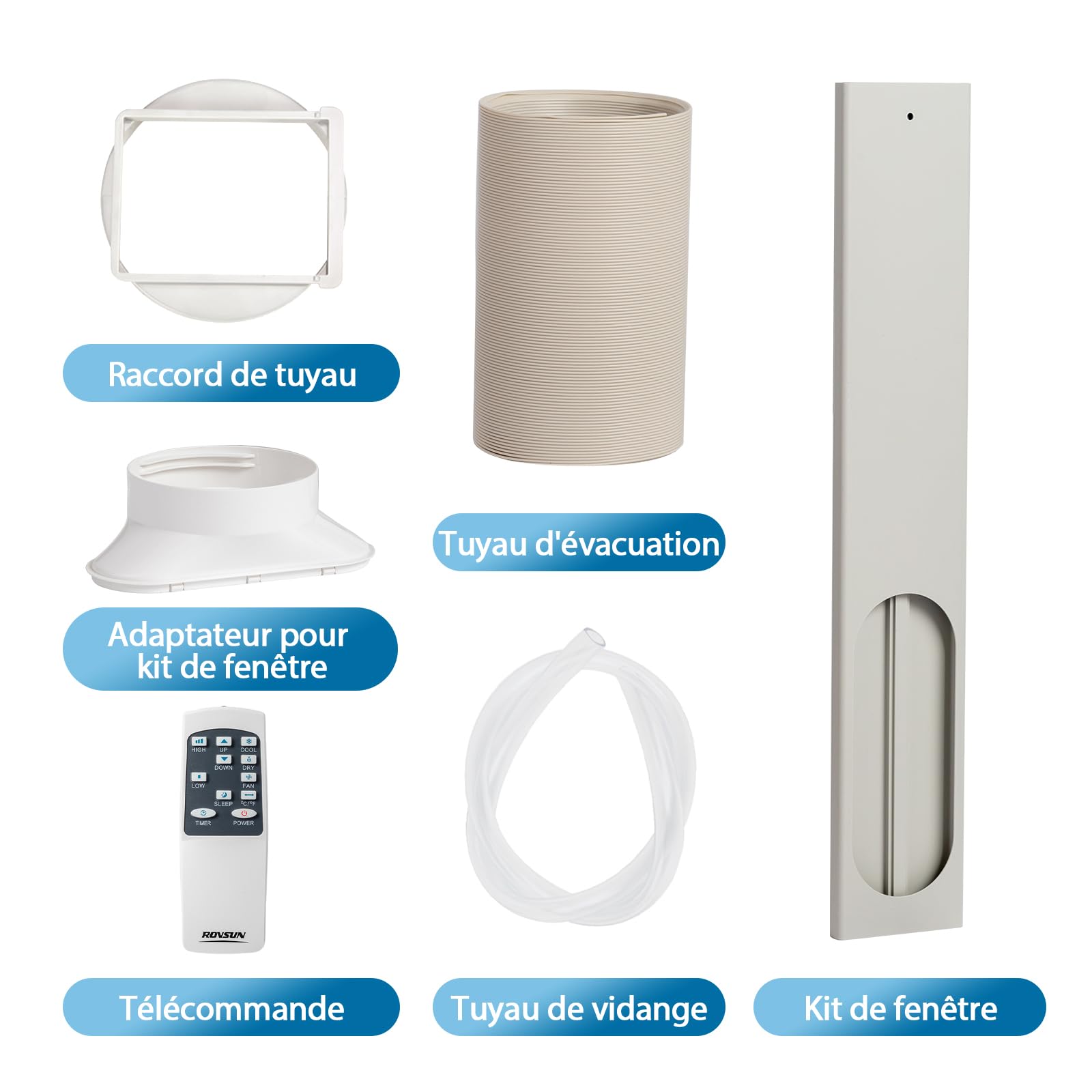 ROVSUN Climatiseur Mobile 7000 BTU 4 en 1 – Rafraîchissement, Ventilation, Déshumidification, Mode nuit Silencieux <65 dB, Minuterie 24h, Roulettes 360°, Télécommande + Wi-Fi, 20 m², Blanc, classe A