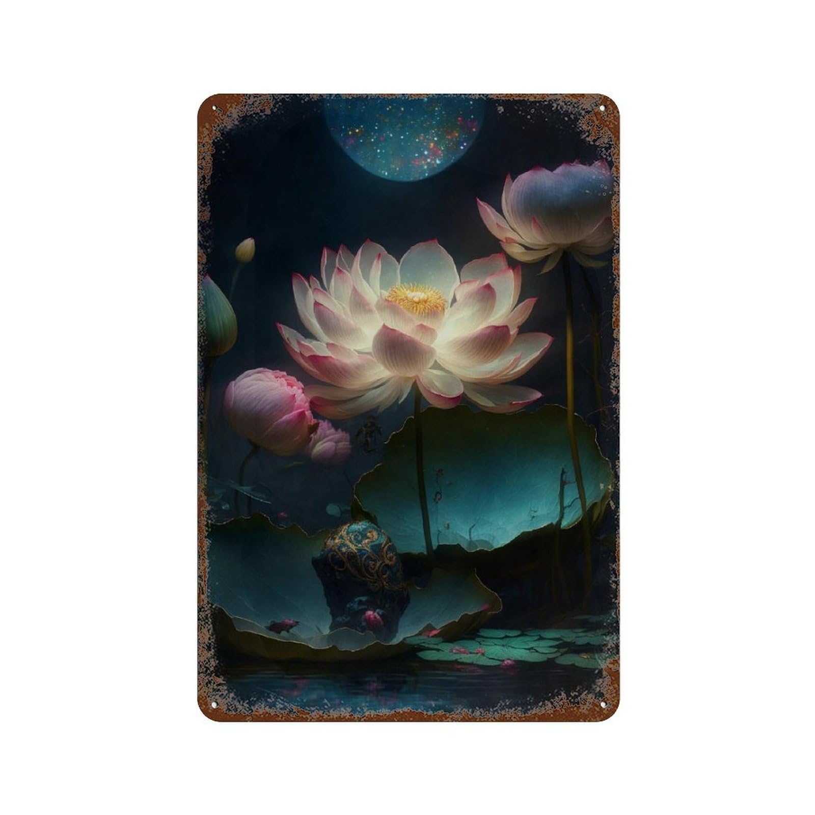 Garage Style Glowing Lotus Pond Scene-2 Vintage Metal Tin Sign 11.8"x7.9", Rustic Home Decor for Bar And Workshop