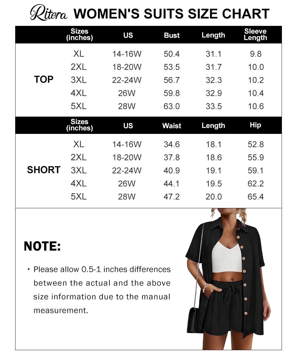 RITERA Conjunto de 2 piezas de algodón y lino para mujer, talla grande, camisa de manga corta con cordón, pantalones cortos y pantalones cortos para vacaciones en la playa