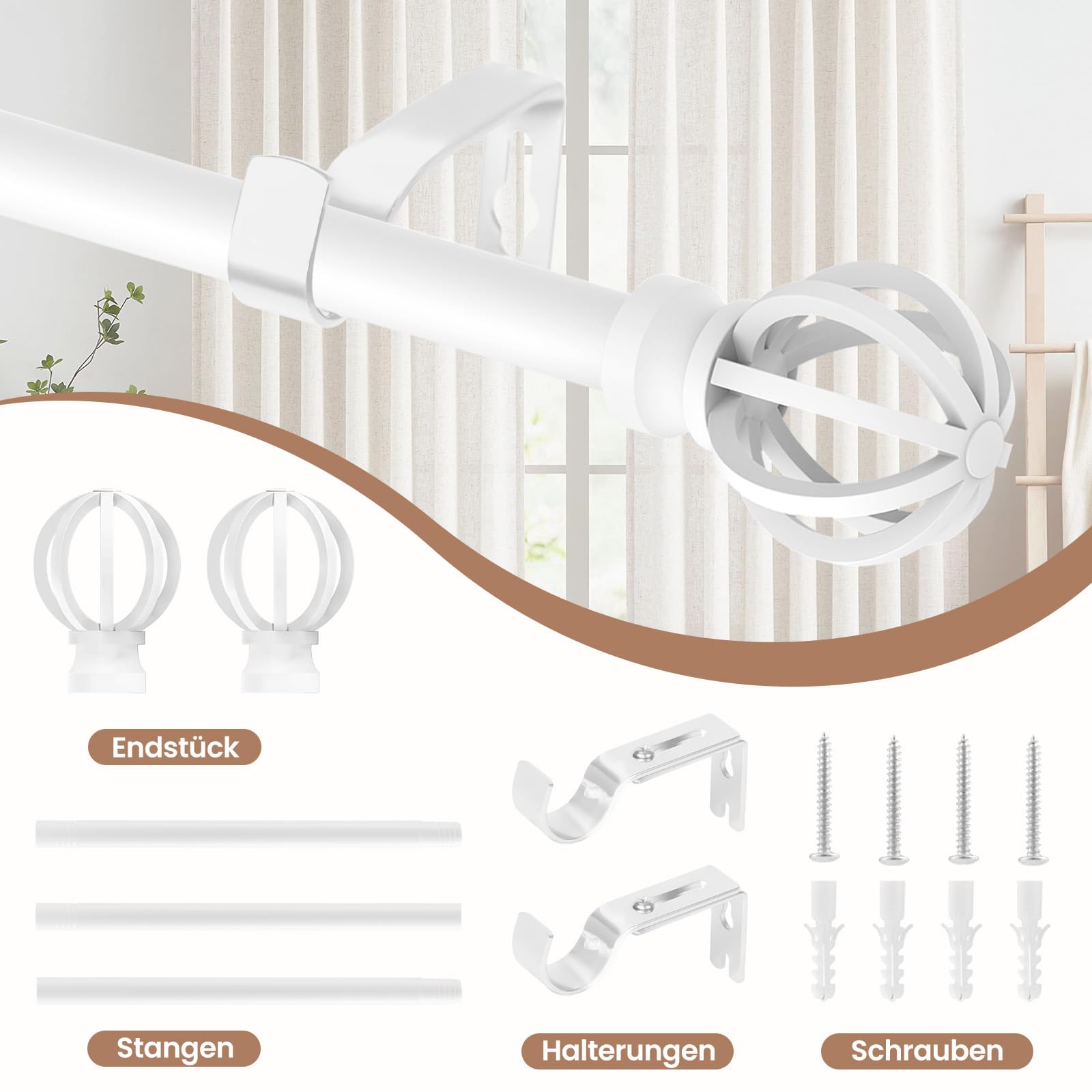 Barra De Cortina Extensible Barra Cortina Blanca 16mm - Ajustable 67-107cm  (terminales Esfera) Barra Para Cortinas, image size:1600x1600