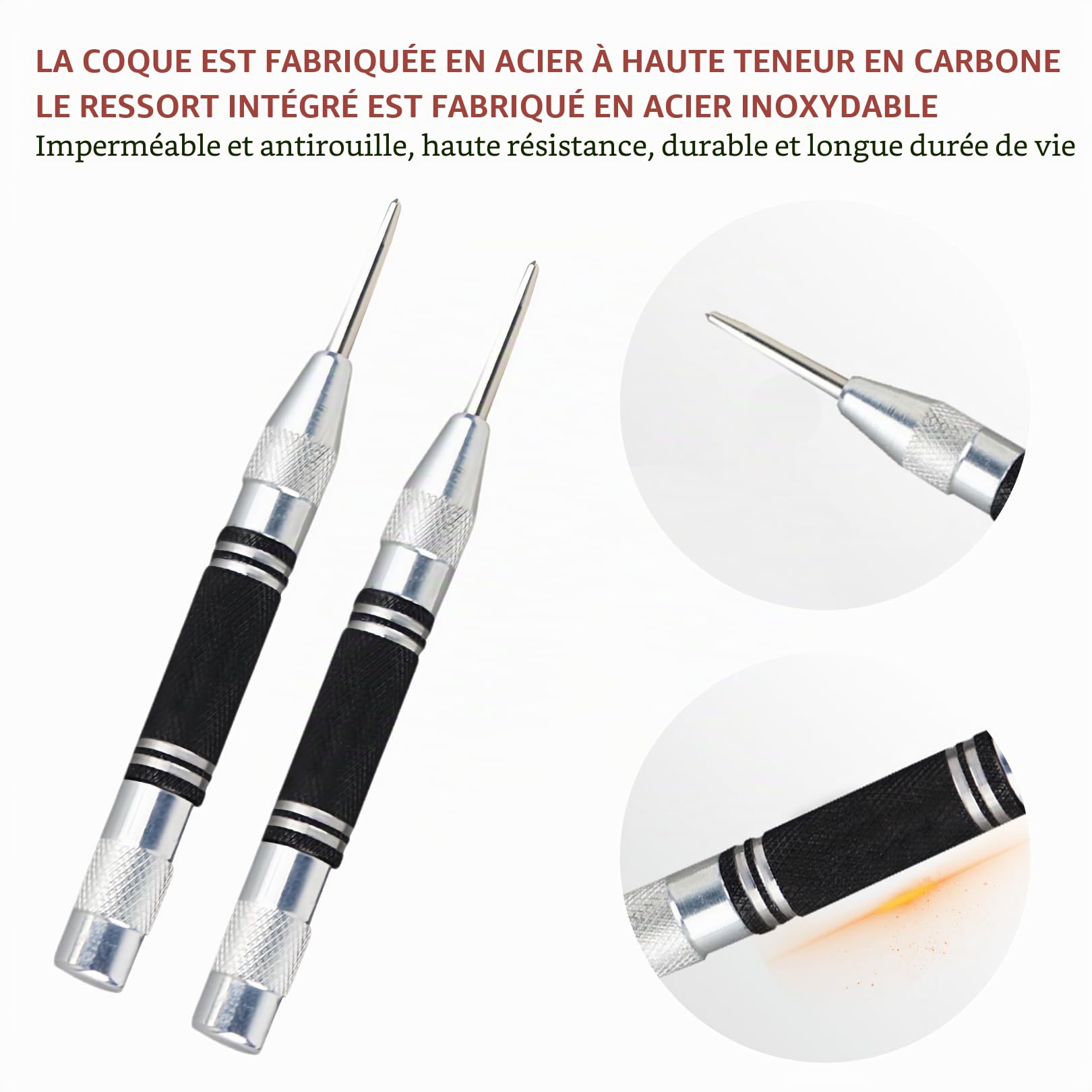 2 Pièces Pointeau a Frapper,Center Outillage Pointeuse Avec Chevilles Goupille Marquage,pour Métalliques Punch Lettre Metal Plaques Poinconneuse Inclinometre Tampon Papier Cuir Outils Estampage Argile