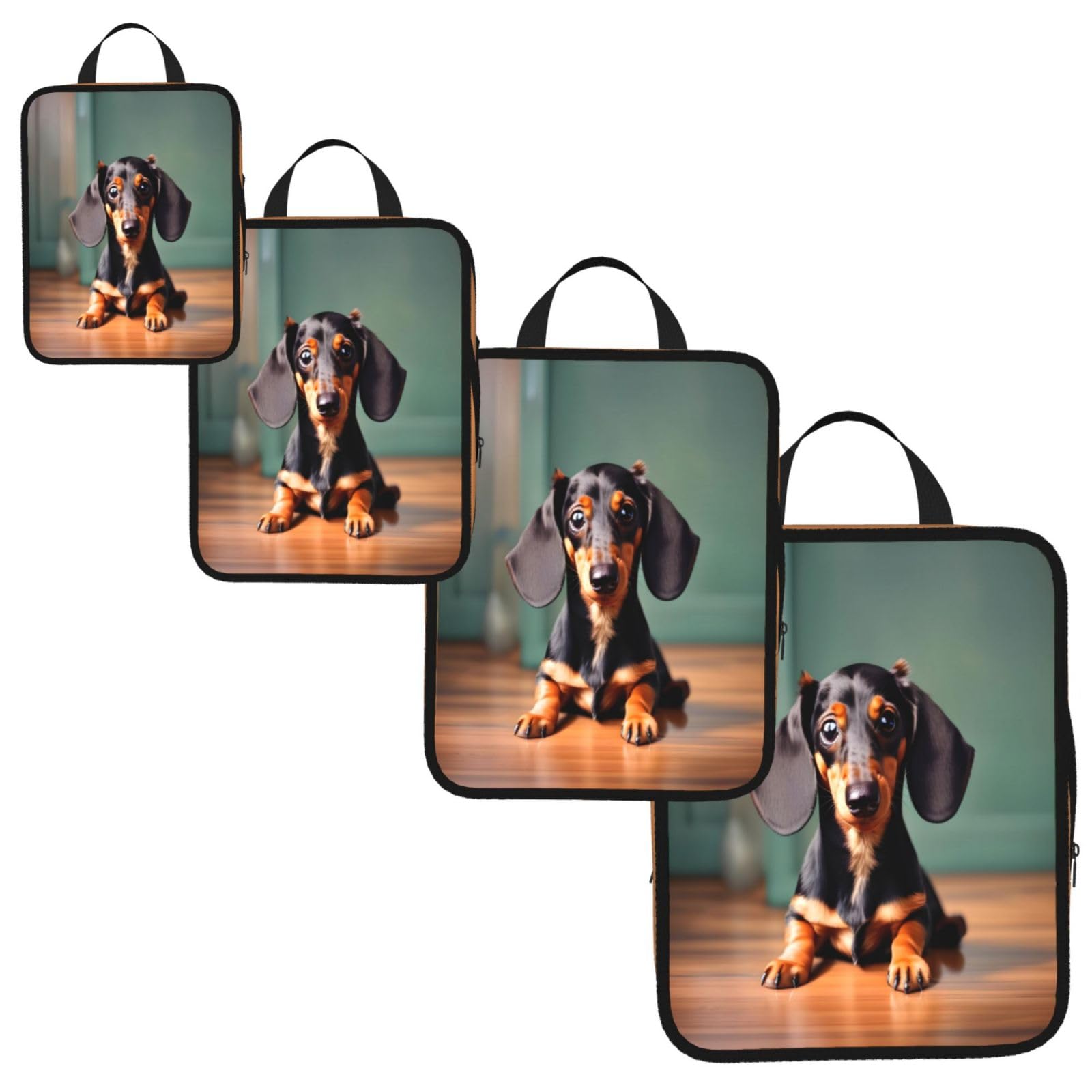 Cute Dachshund Duggee Print 4 Set Compression Packing Cubes for Suitcases,Expandable Storage Bag Organizers