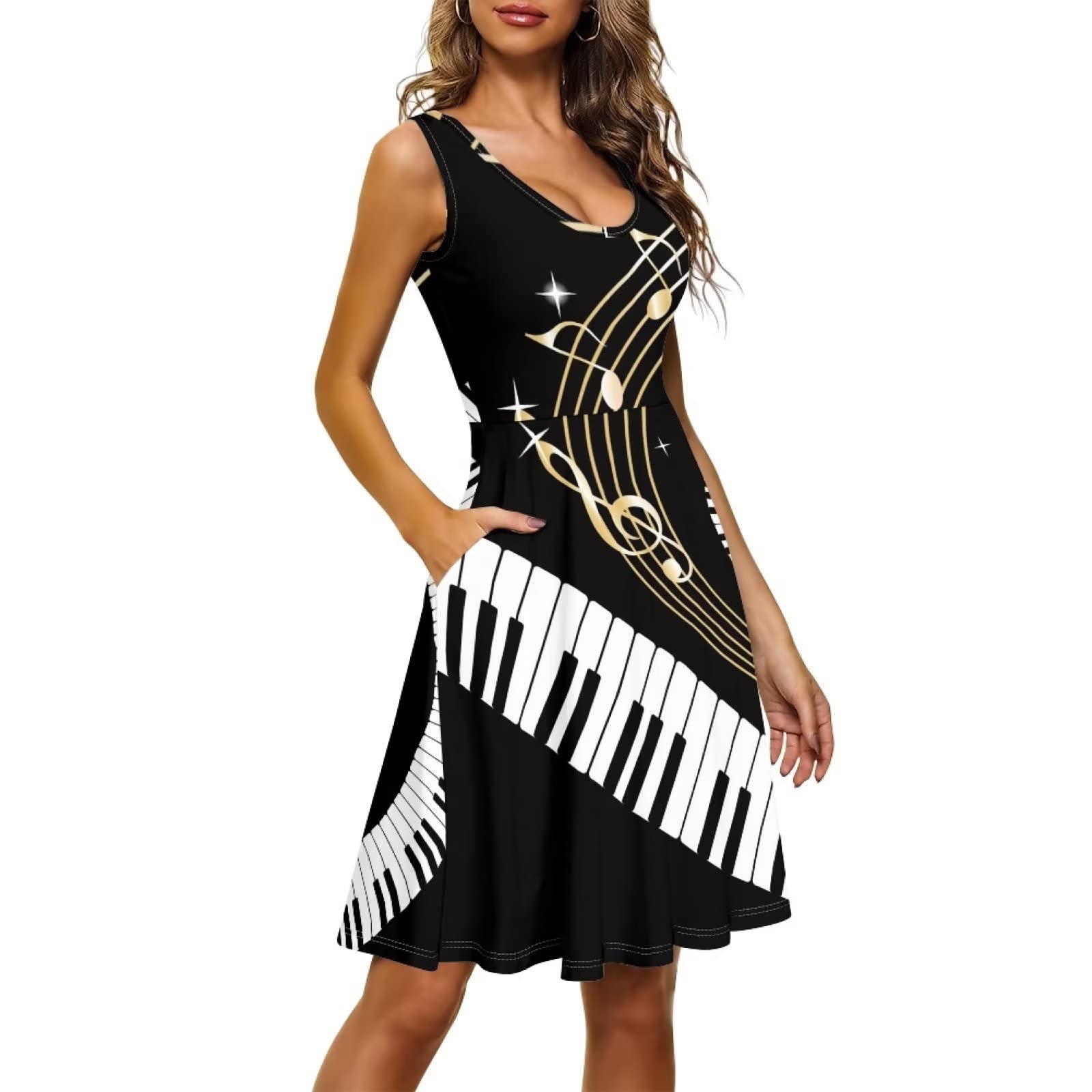 TOADDITDO Moon Mushroom Print Sleeveless Midi Dress Flared Tank Pull on Casual Sundress for Outdoor Beach Party Club Knee Length Dresses