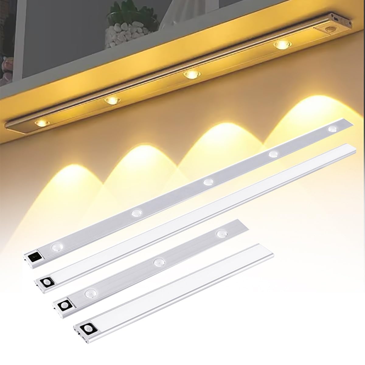 LED Motion Sensor Cabinet Light, Rechargeable Sensor Lights Indoors, Under Cabinet Kitchen Lights, Cupboard Light Indoor Magnetic Wireless USB 3 Color Temperature Stepless Dimming(Silver,30cm/11.8in)