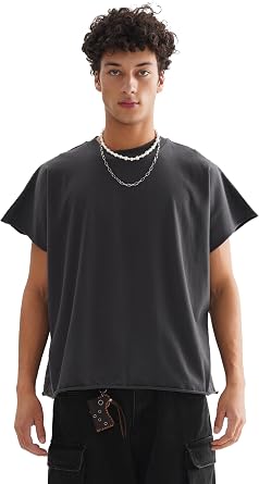 Fashion Men's T-Shirts Raw Cuff Cropped Tees Shirt One-Piece Cutting Boxy Oversized T Shirt for Men
