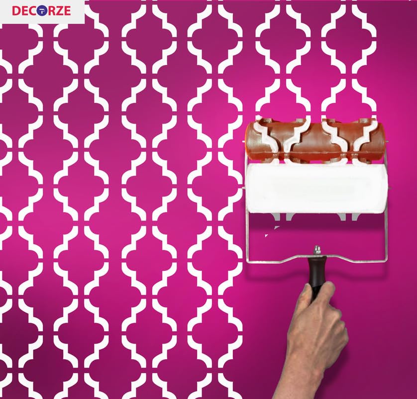 Image of Design Paint Roller with Moroccan Quatrefoil Pattern - Reusable Decorative Wall Texture Roller for DIY Home Decor, Accent Walls, Furniture, and Crafts - Durable Embossed Stencil Painting Tool