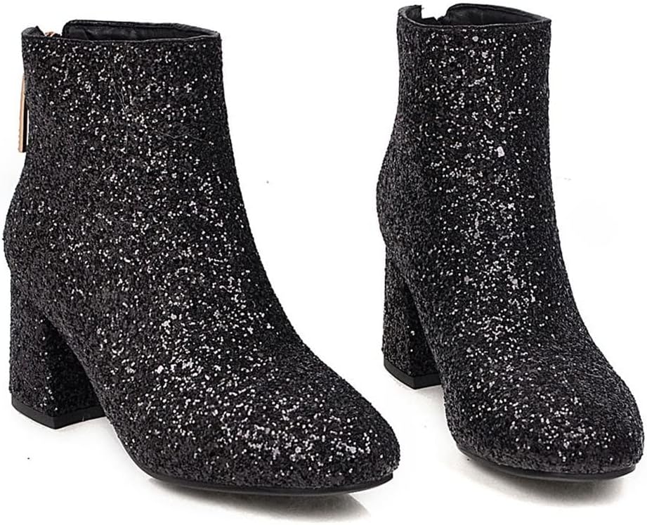 Elbslutt Women's Glitter Sparkly Booties Chunky Heels Ankle Boots Back Zipper Block Heeled Short Sequin Boots Wedding Bridal Party Dress Shoes - Image 6