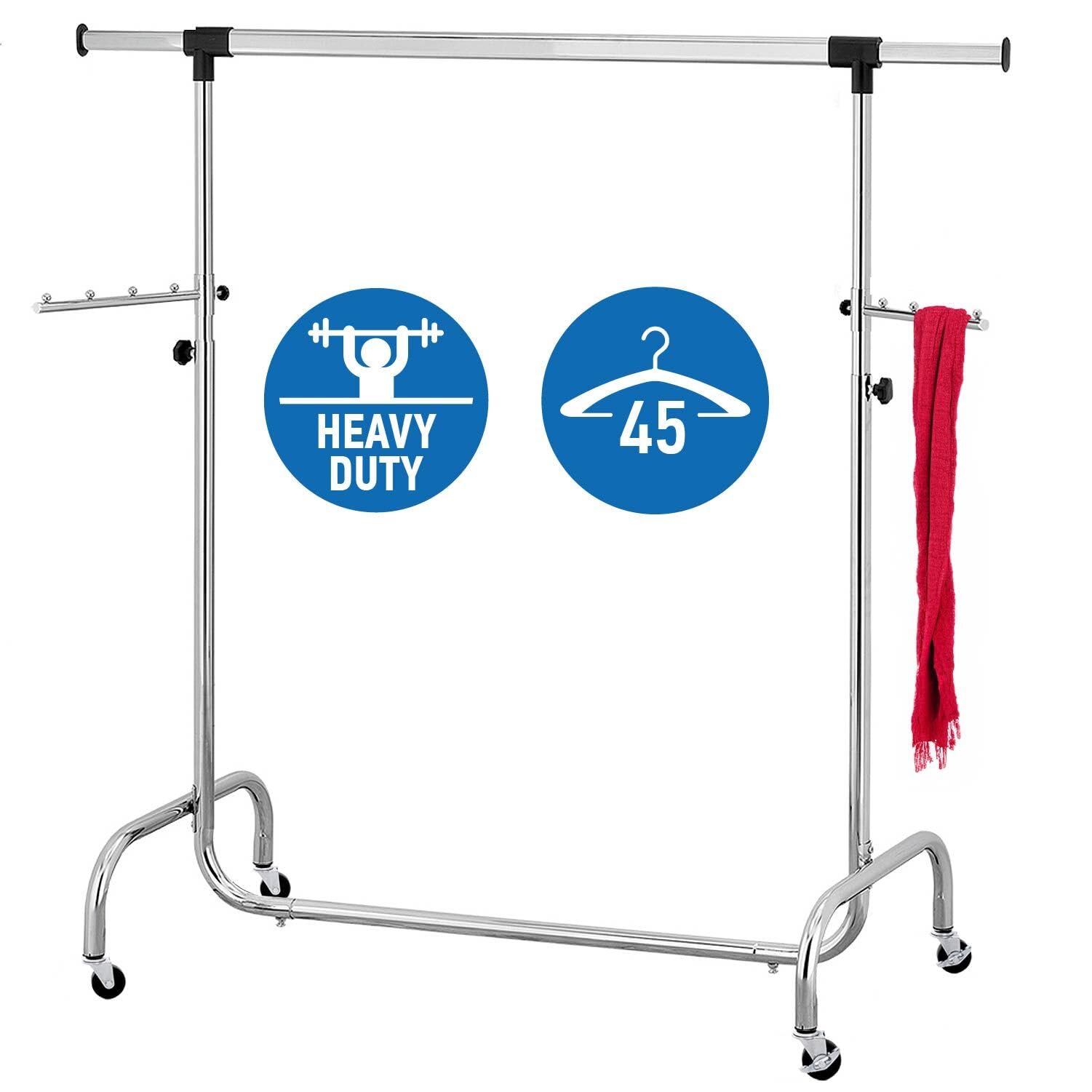 Tatkraft Falcon Perchero Grande con Ruedas de Acero Cromato, Perchero Burro Extensible, Regulable en Altura (137,5-187,5 cm) y Largo (106-179 cm), Fácil Montaje en 1 min
