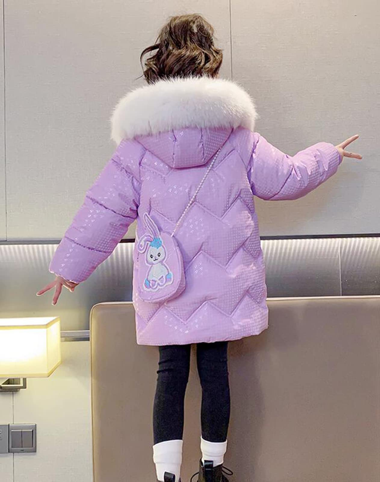 Kurtka puchowa dla dziewczynki Płaszcz polarowy Gruby polar z futrem Kołnierzyk z Kapturem Moda Tunika Płaszcz Dziecięcy Ciepły Wiatroodporny Kurtka, fioletowy, 8-9 lat