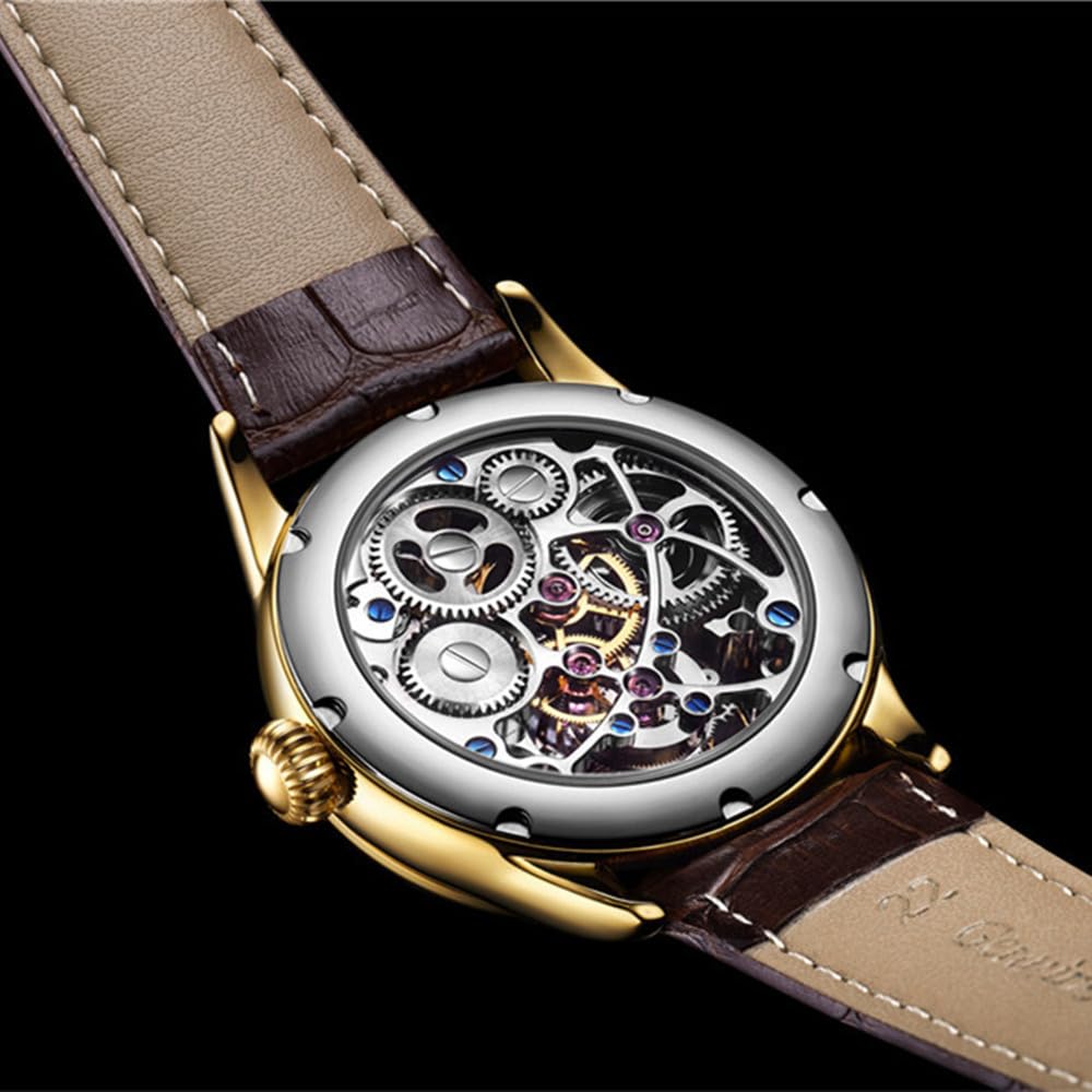 Reloj de pulsera de cuero luminoso con esfera de esqueleto mecánico y mecanismo de cuerda manual, cristal de zafiro, vintage, hueco de doble cara, impermeable, para hombre