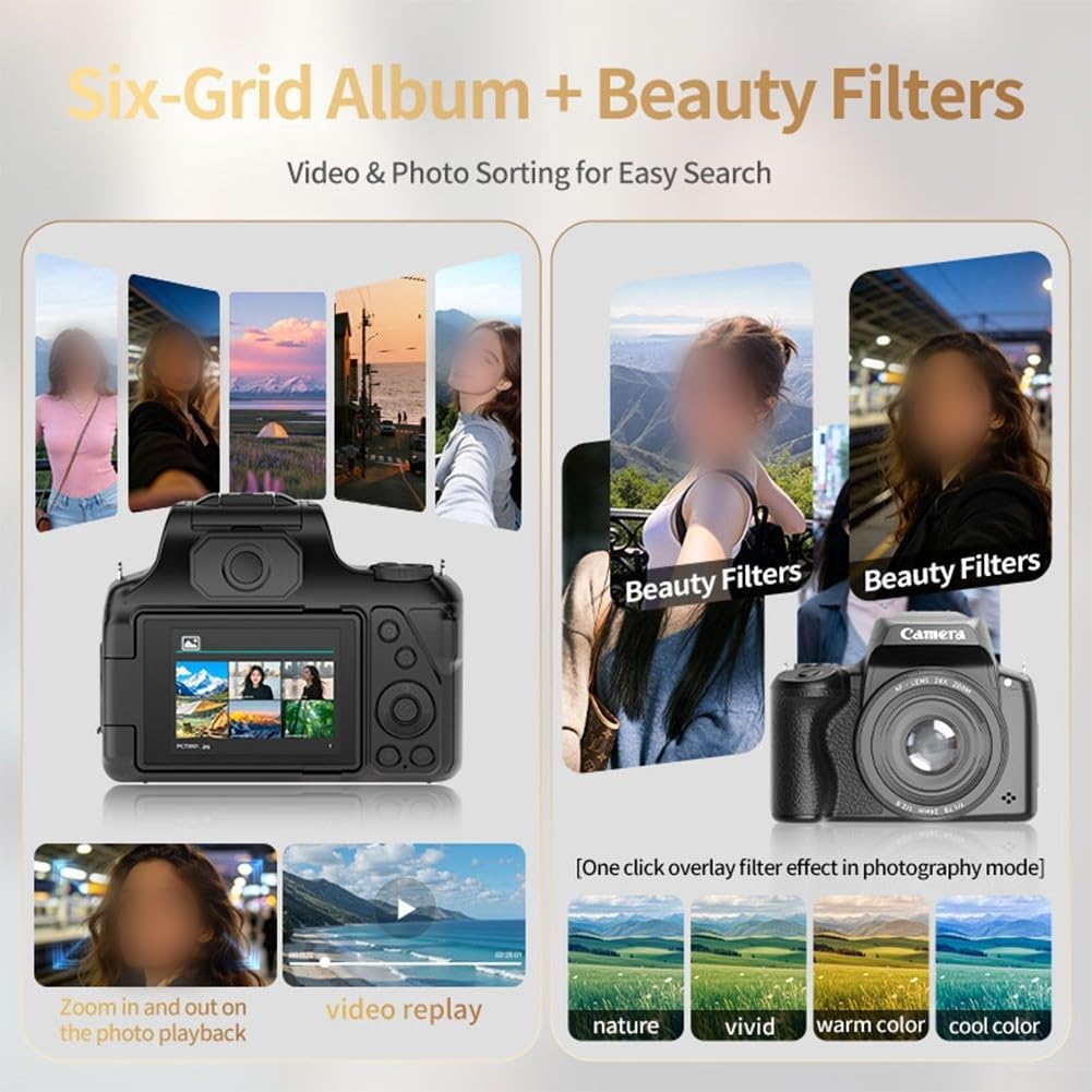 Fotocamera digitale professionale da 68 megapixel con zoom digitale 28x e capacità video 4k 60 fps, schermo LCD girevole a 180 gradi, ideale per vlogger e fotografi, nero