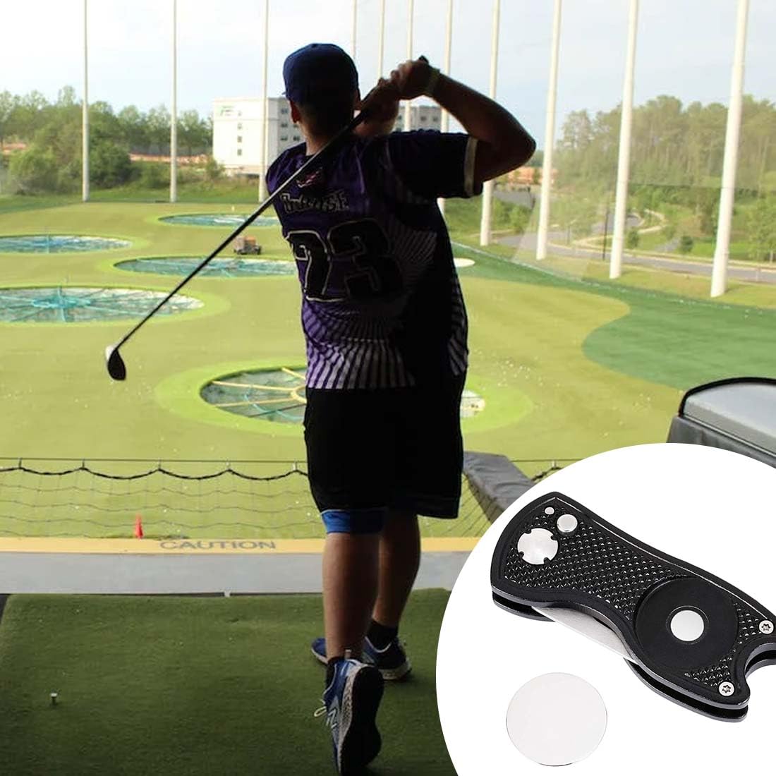 Strumento di Riparazione Divot da Golf Pieghevole con Marcatore Magnetico Nero