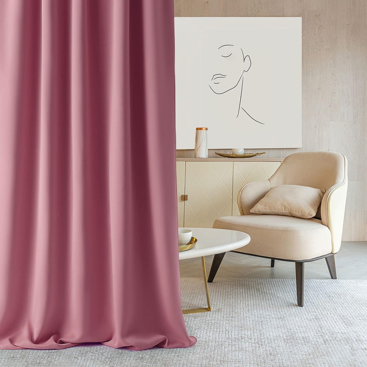 ROOM99 Aura Gordijn met zilveren ringen, 140 x 230 cm breed x hoogte, verduisteringsgordijn, schuifgordijnen, modern, decoratief gordijn, woonkamer, slaapkamer, lichtbeige, 1 stuk
