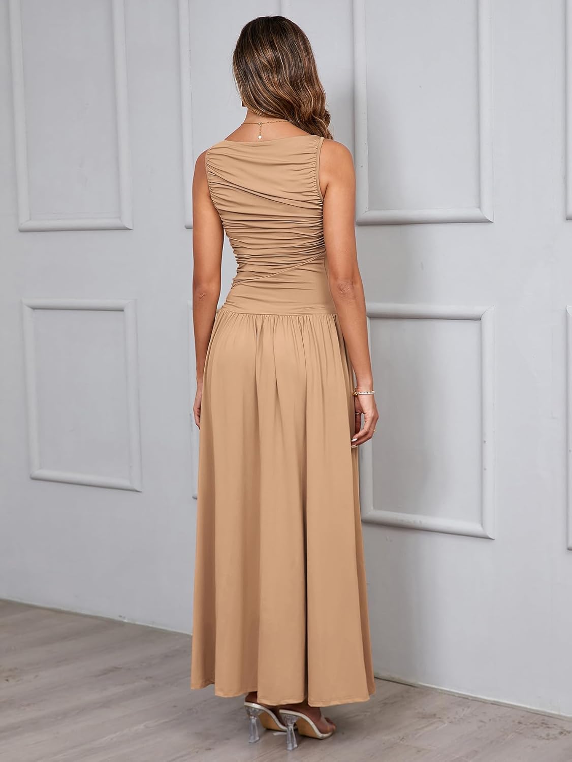 EYNMIN Summer Sleeveless Long Dress Crewneck Ruched Tank Flowy A Line Casual Formal Wedding Guest Dresses for Women - Image 4