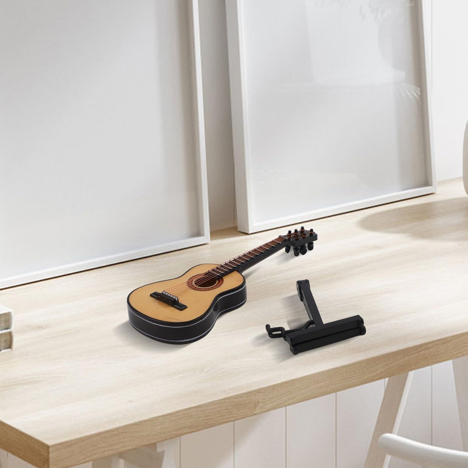 Réplique miniature de guitare classique en bois massif avec support pour bibliothèque, bureau ou meuble mural (bois)