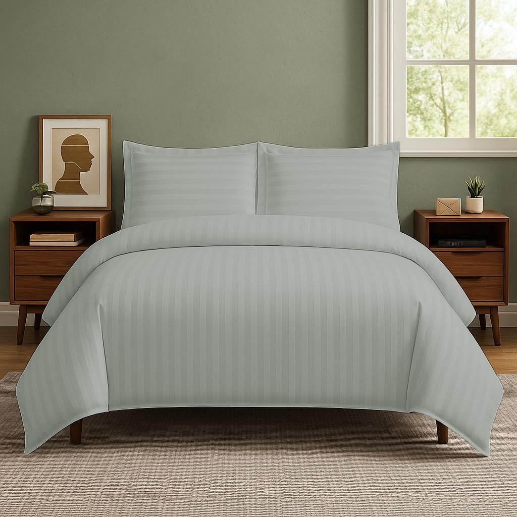 MGB Hotel Quality Satin Stripe Duvet Cover Set – 300 TC Soft Wrinkle Resistant & Breathable Bedding Quilt Cover With Pair Pillowcases (Light Grey, Super King)